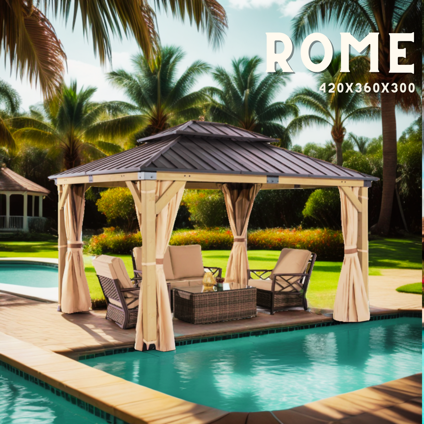 GAZEBO EXTERIEUR EN CEDRE option BALI tropique ou ROME  urbain